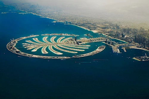 Signature pal island in Dubai from the Praetor cockpit